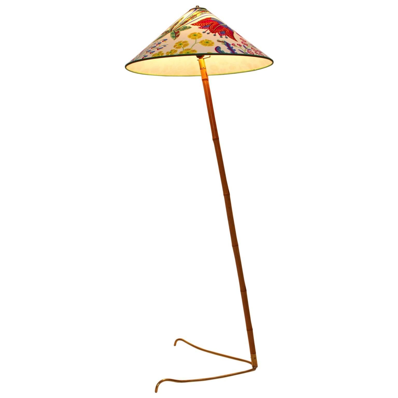 Kalmar-Stehlampe, Mid-Century Modern, Bambus, Messing, Vintage, Josef Frank, Stoff  im Angebot