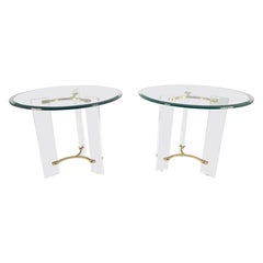 Pair of Glass Top Lucite & Brass Bases End Side Occasional Tables Stands MINT!