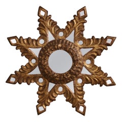 Mid-Century Spanish Carved Giltwood Sunburst Wall Mirror with Mirrored Insets