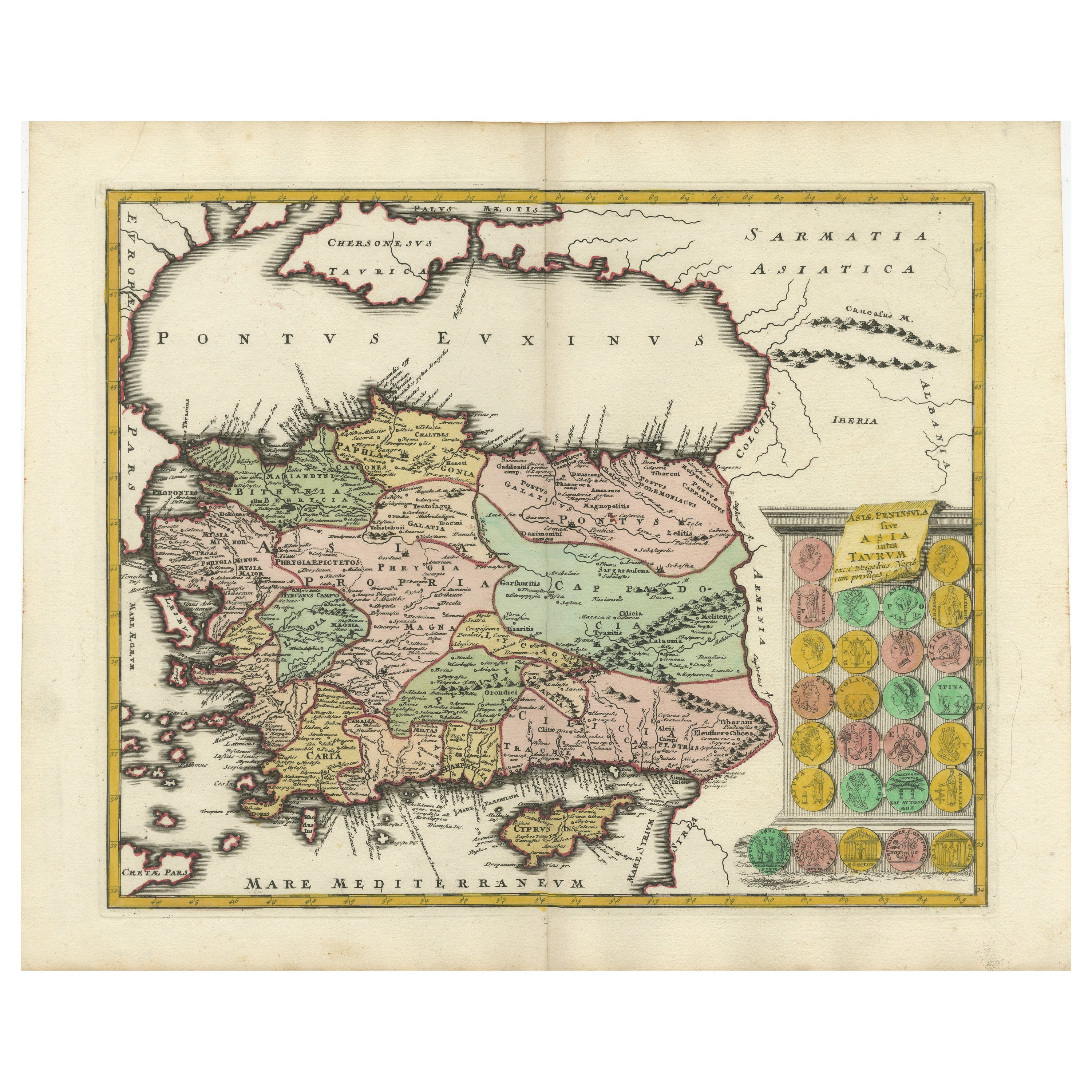 Decorative Antique Map of Cyprus and Asia Minor by Christoph Weigel, Circa 1720
