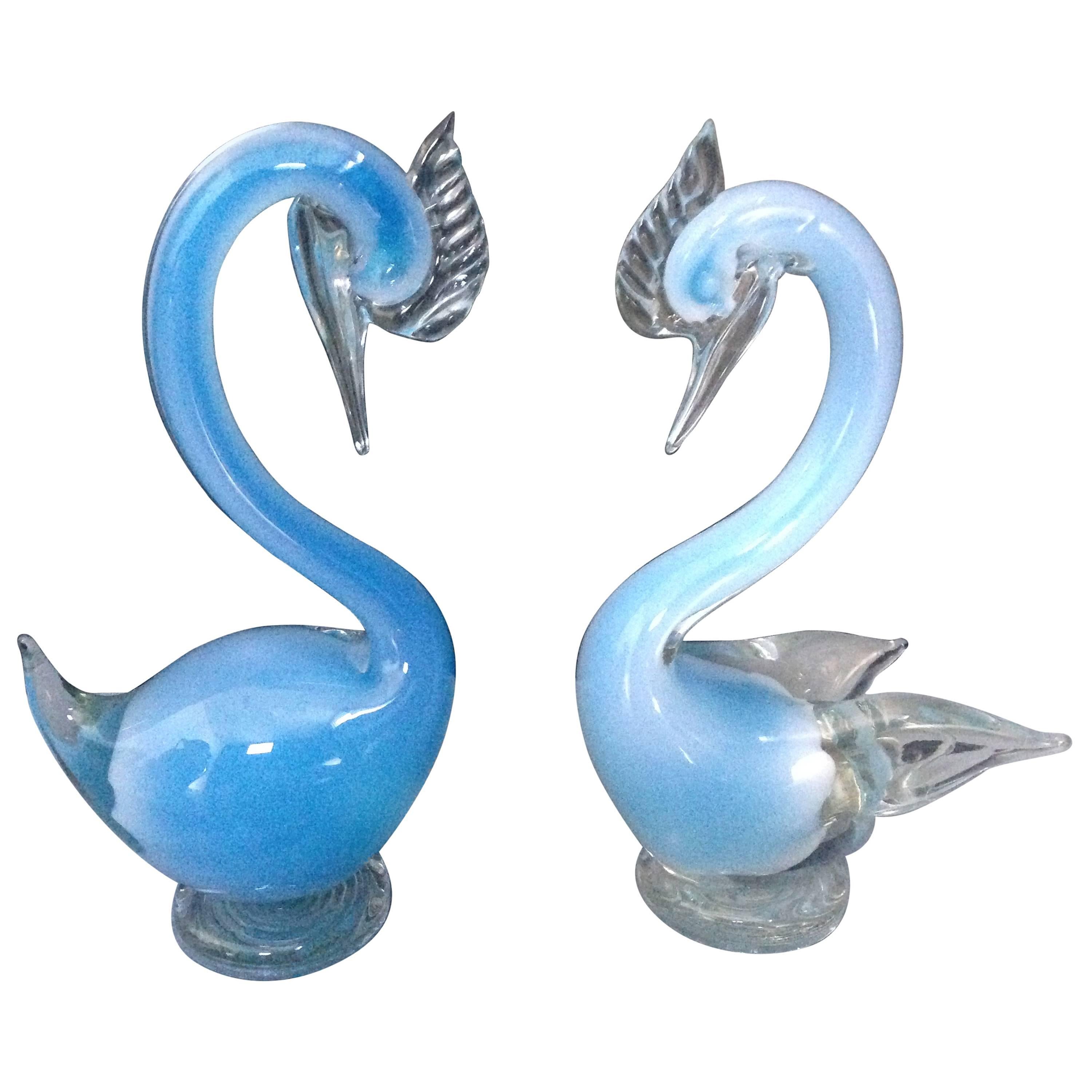 Paire de cygnes bleus en verre de Murano en vente