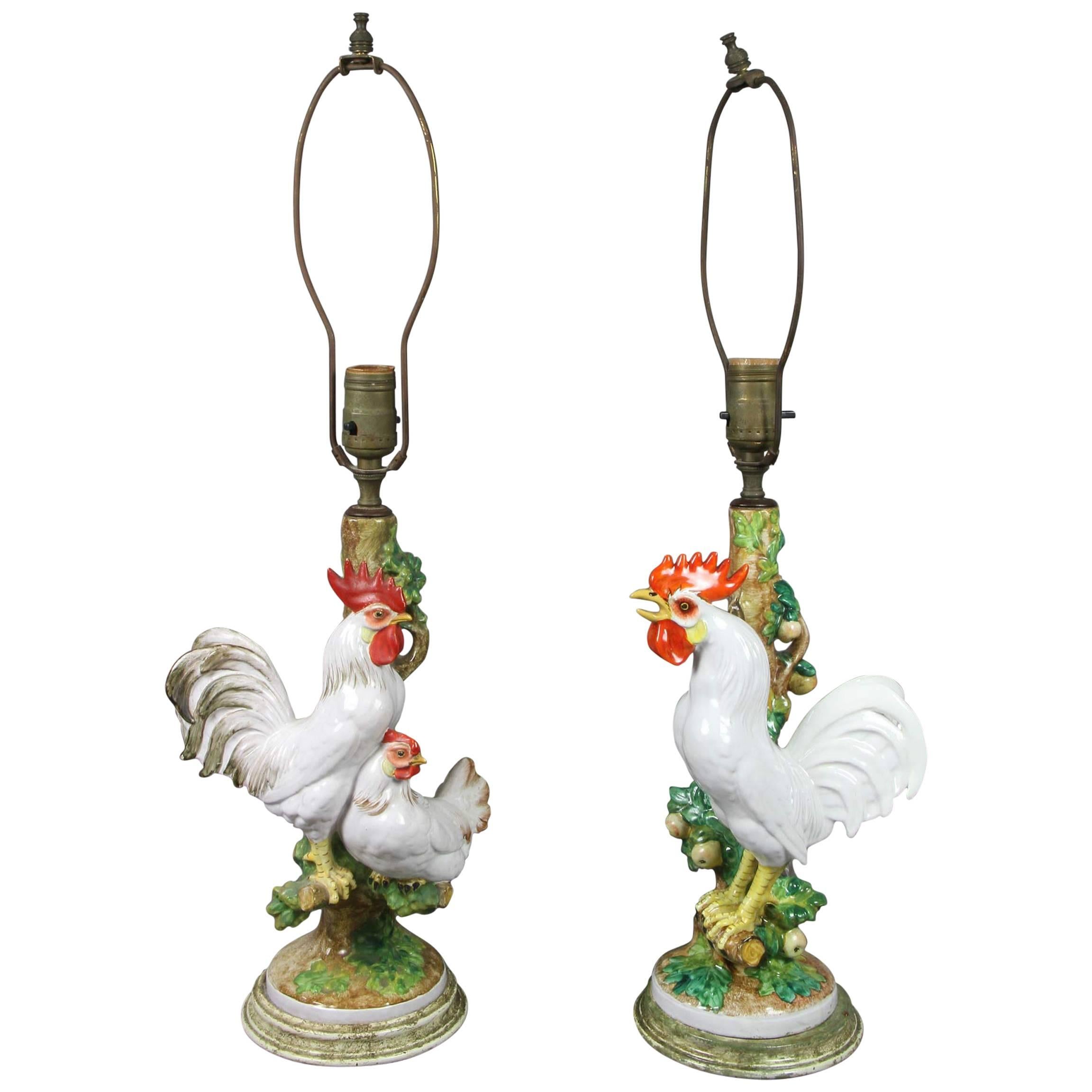 Pair of European Porcelain Rooster Table Lamps