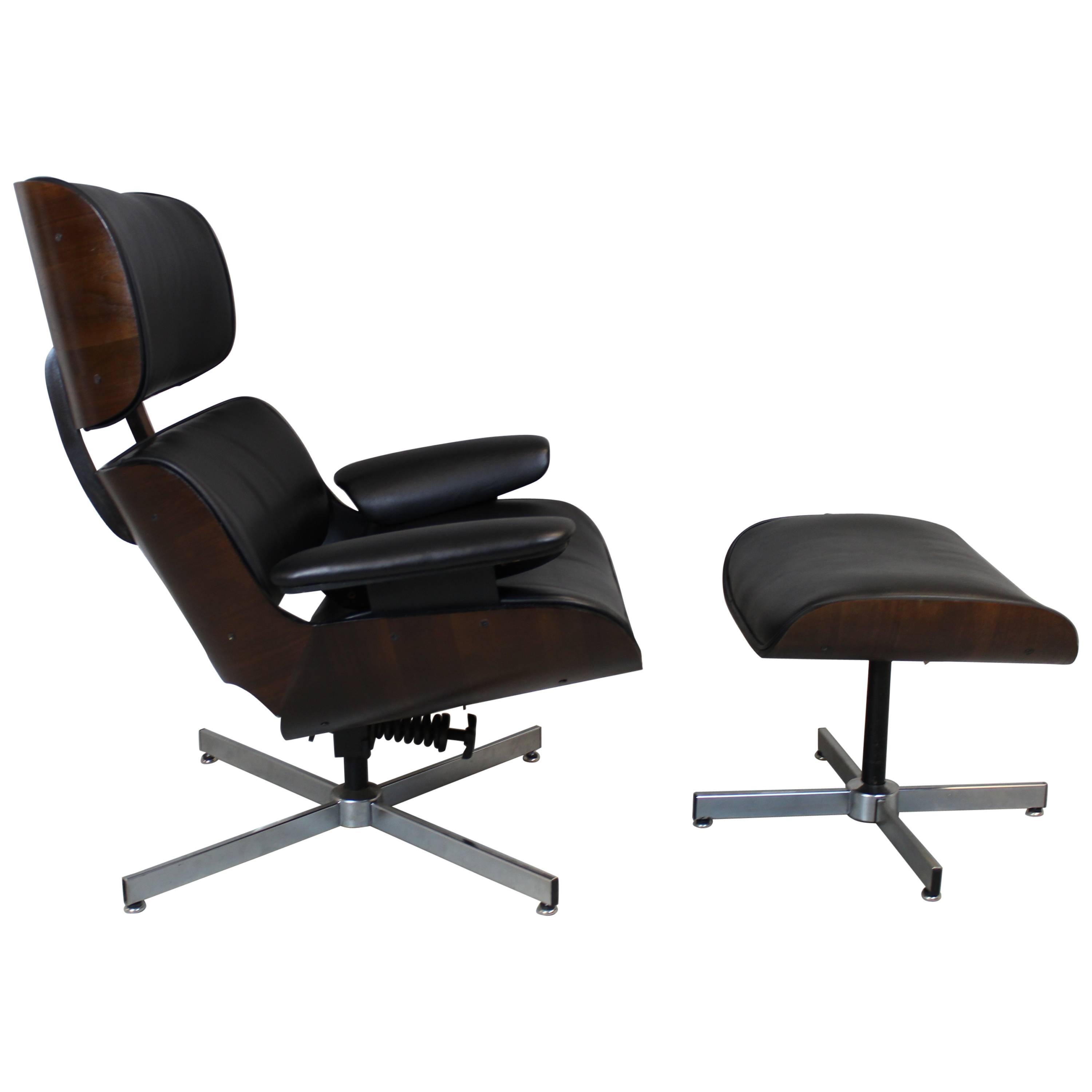 George Mulhauser for Plycraft Black Leather Lounge Chair and Ottoman