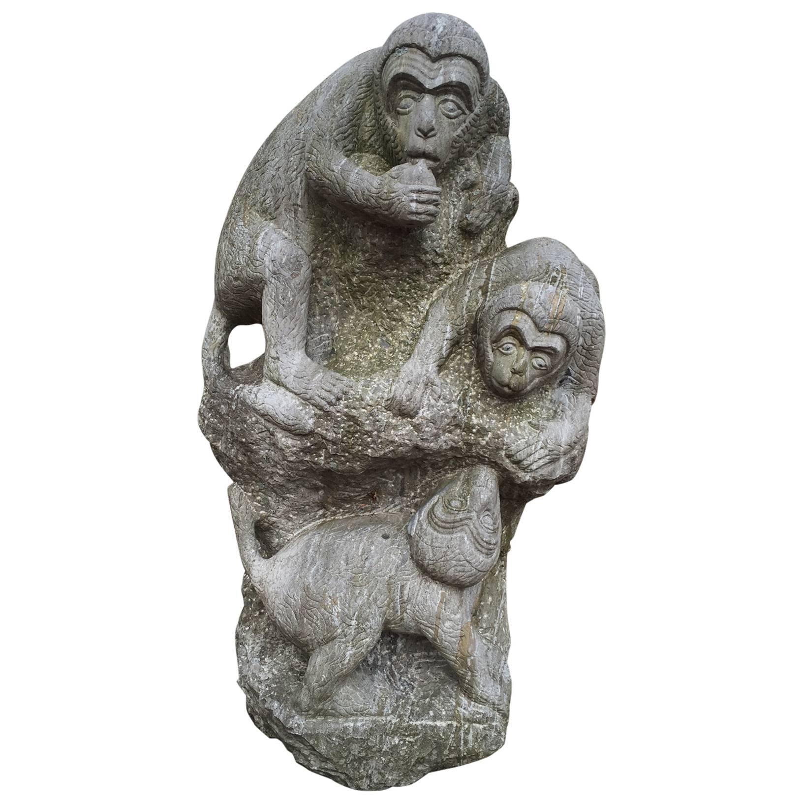 Monumental Hand-Carved Stone Sculpture "Monkey Mountain" Playful Monkeys
