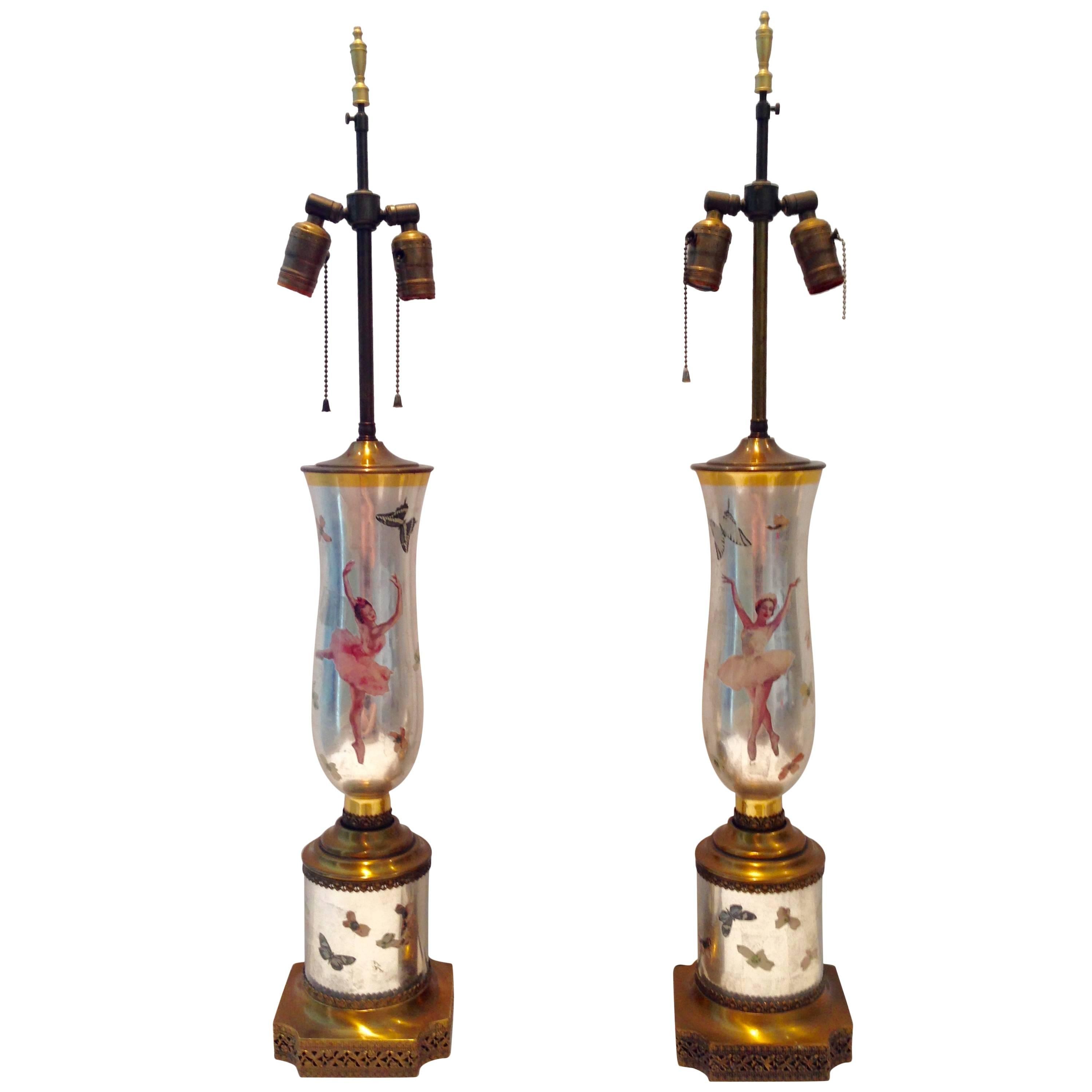 1950'S Pair Of Eglomise Decoupage Glass Ballerina & Butterfly Lamps For Sale