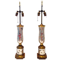 1950'S Pair Of Eglomise Decoupage Glass Ballerina & Butterfly Lamps