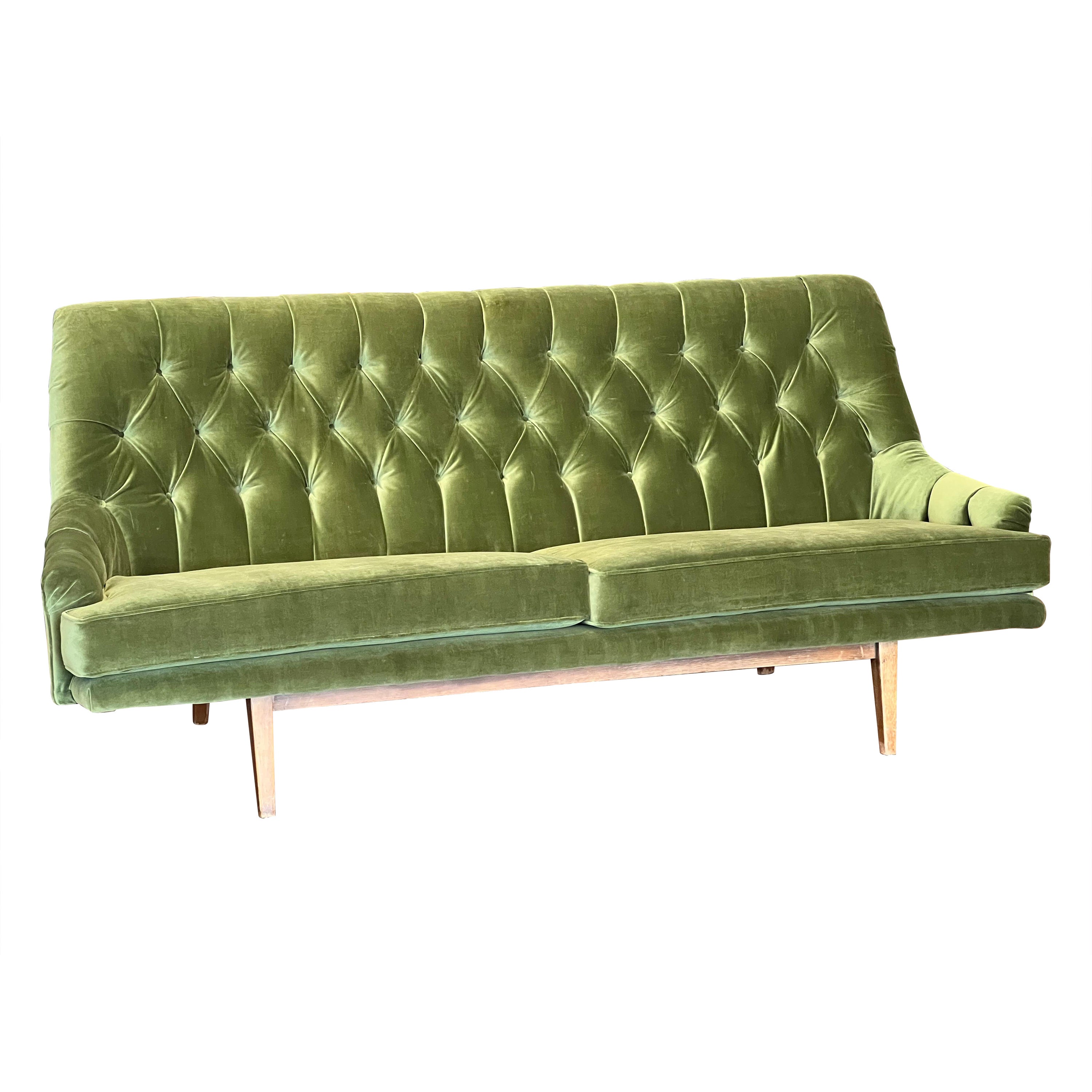 Mid Century Velvet Green Tufted High Back Sofa