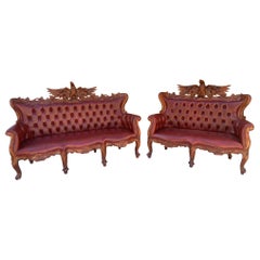Antique Federal Style Carved Ornate Tufted Sofa and Loveseat Newly Upholstered