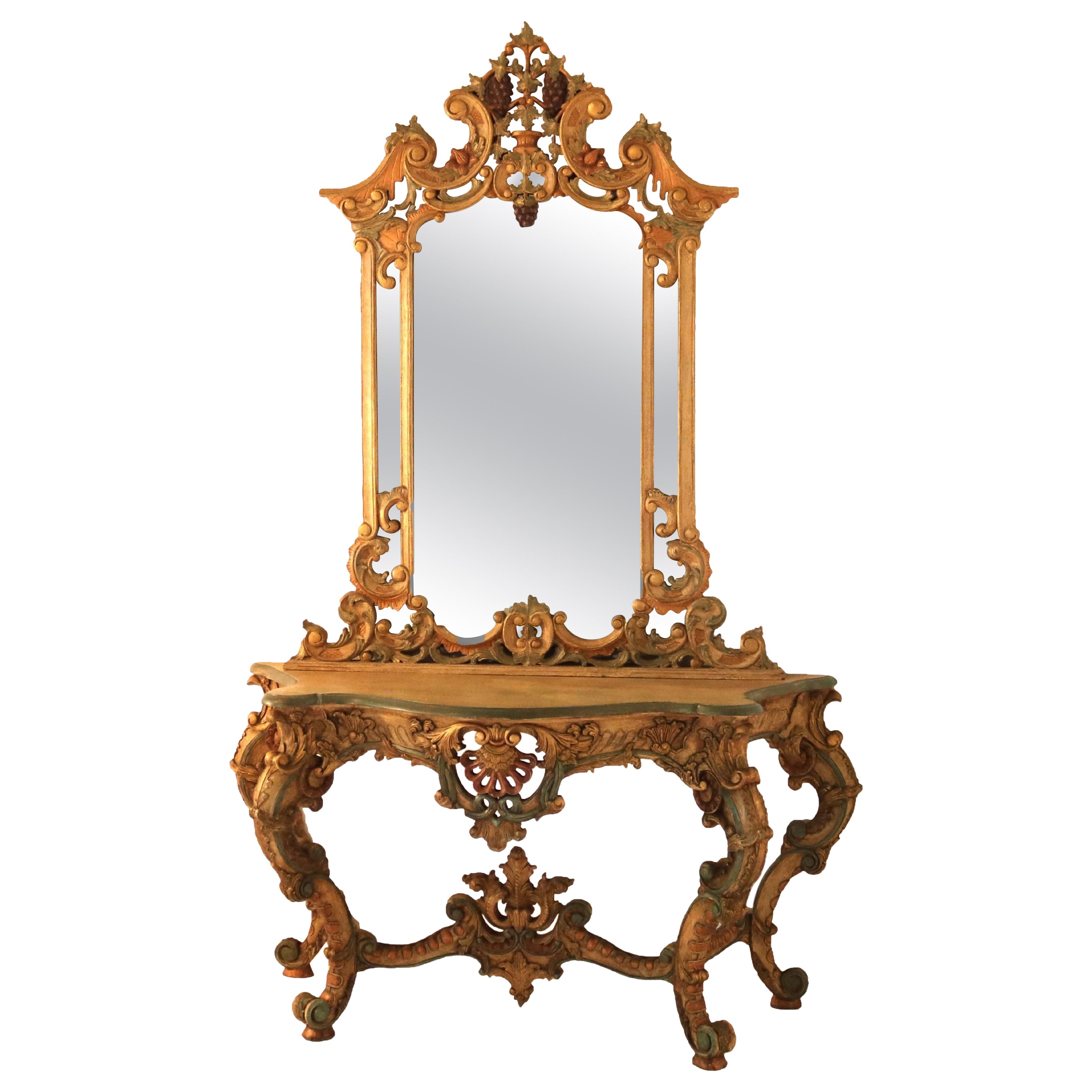 Set di console francese in stile Luigi XIV in legno dorato e policromato con volute ornamentali