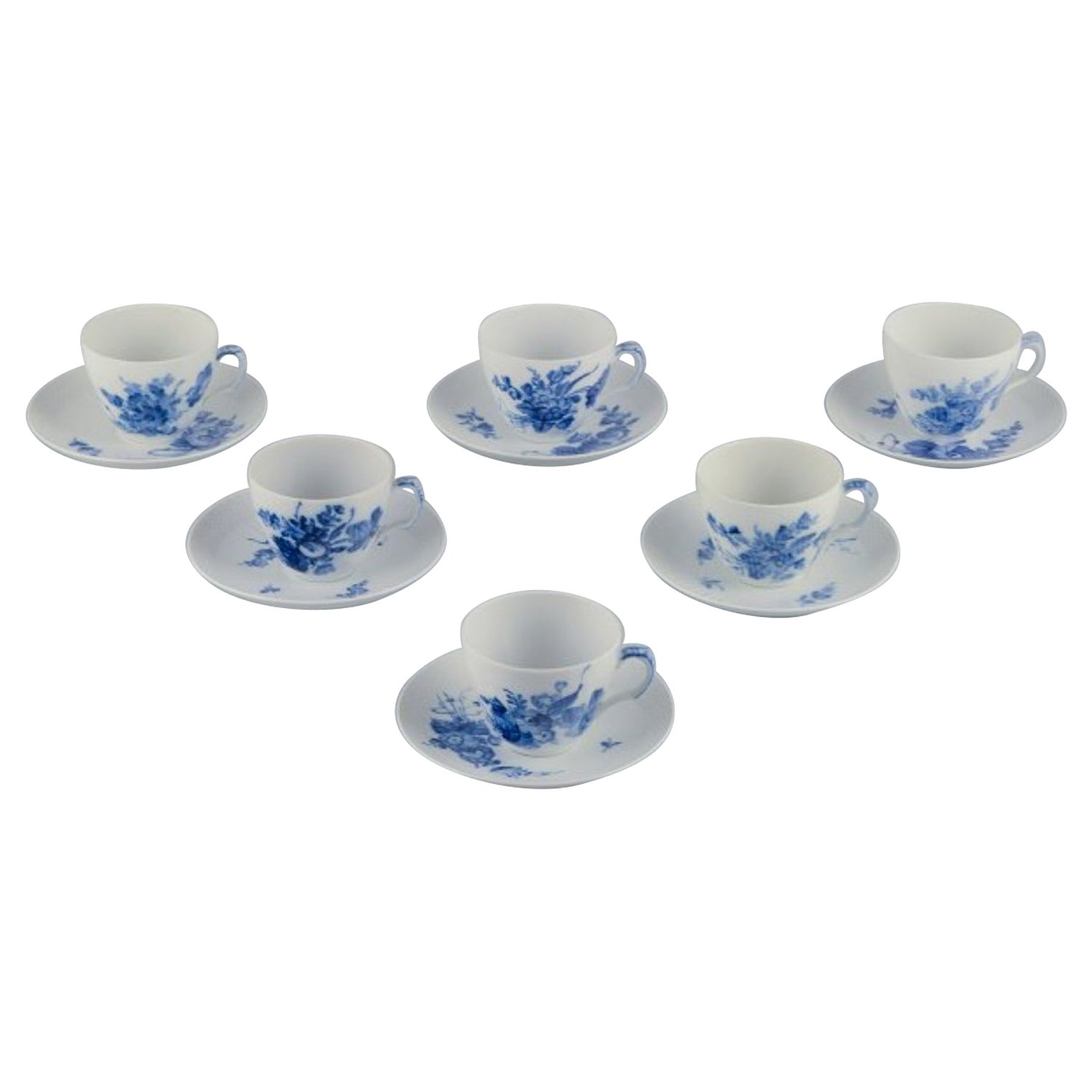 Royal Copenhagen Blue Flower curved, six coffee cups with saucers.