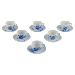 Royal Copenhagen Blue Flower curved, six coffee cups with saucers.