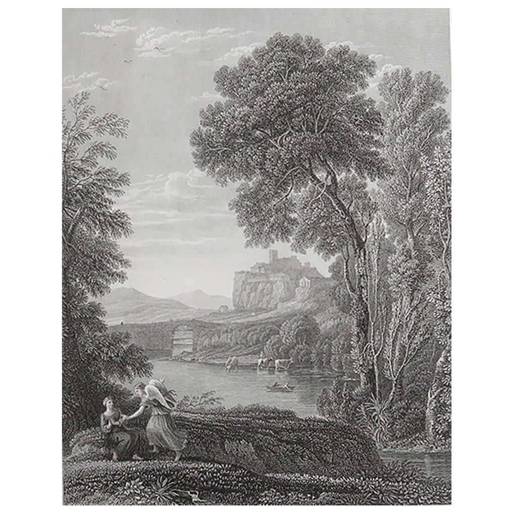 Grabado original antiguo de La Anunciación según Claude Lorrain. Alrededor de 1850