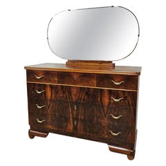 Walnut and maple dresser from 1940 with oval Art Deco mirror 20th century