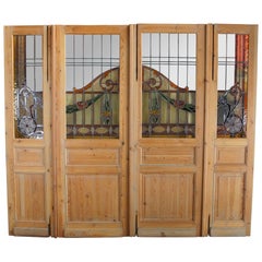 Antique Neoclassical Leaded Stained Glass Pine Floral French Doors Sidelite 90"