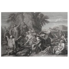 Grabado original antiguo de Moisés golpeando la roca según Nicolas Poussin. C.1850