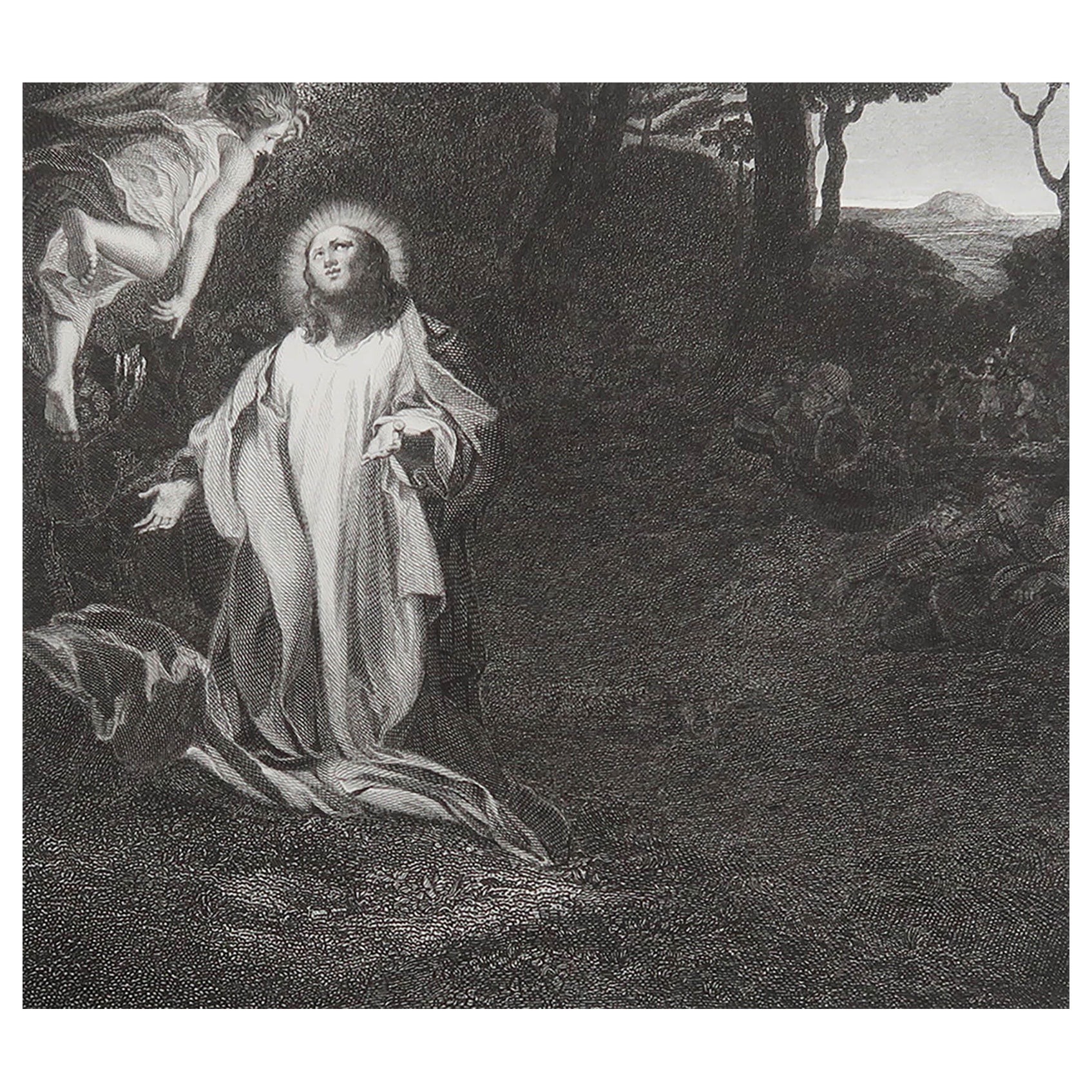 Stampa antica originale di Cristo in preghiera nell'orto secondo Correggio. C.1850