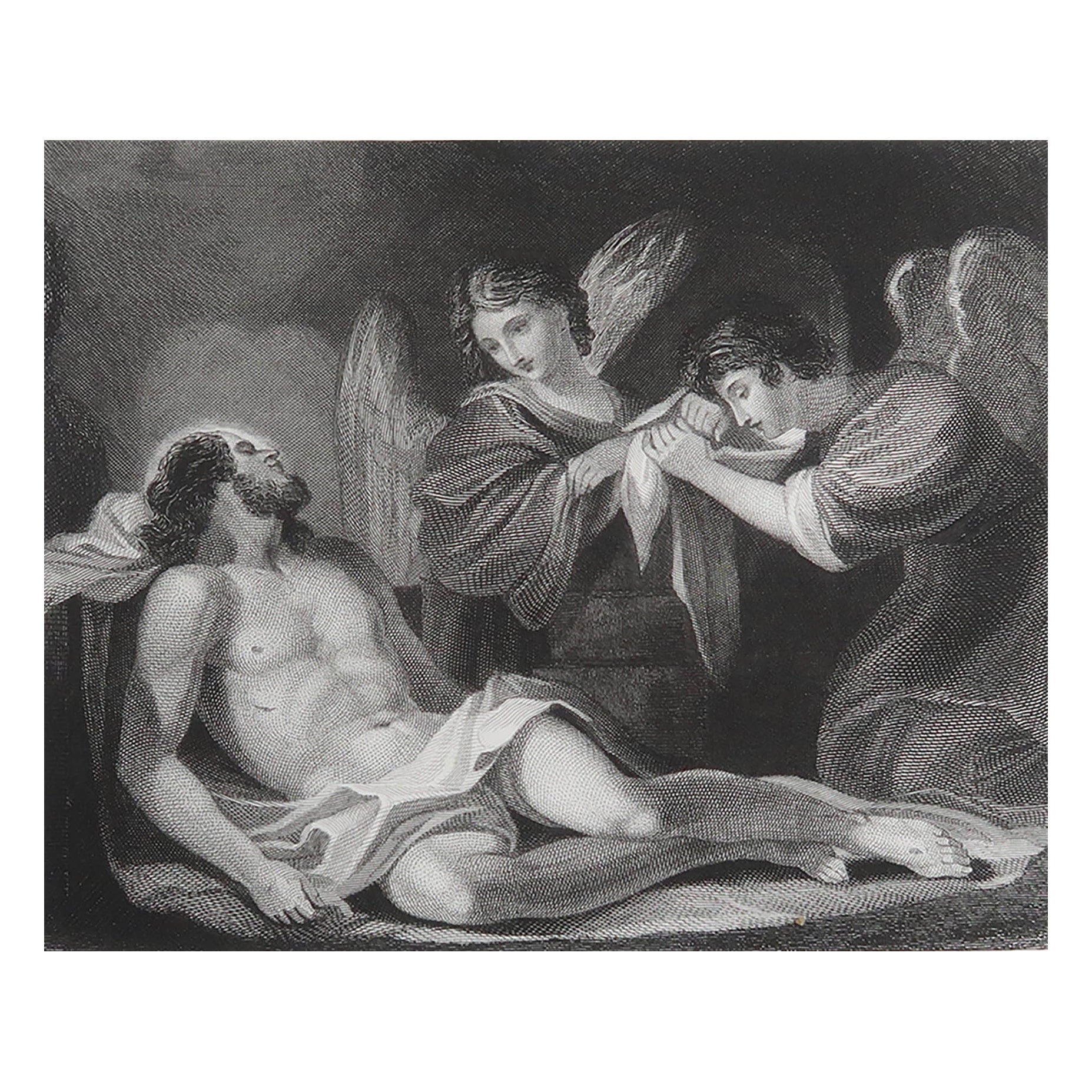 Grabado original antiguo de Cristo en el sepulcro según Guercino . C.1850