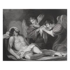 Grabado original antiguo de Cristo en el sepulcro según Guercino . C.1850