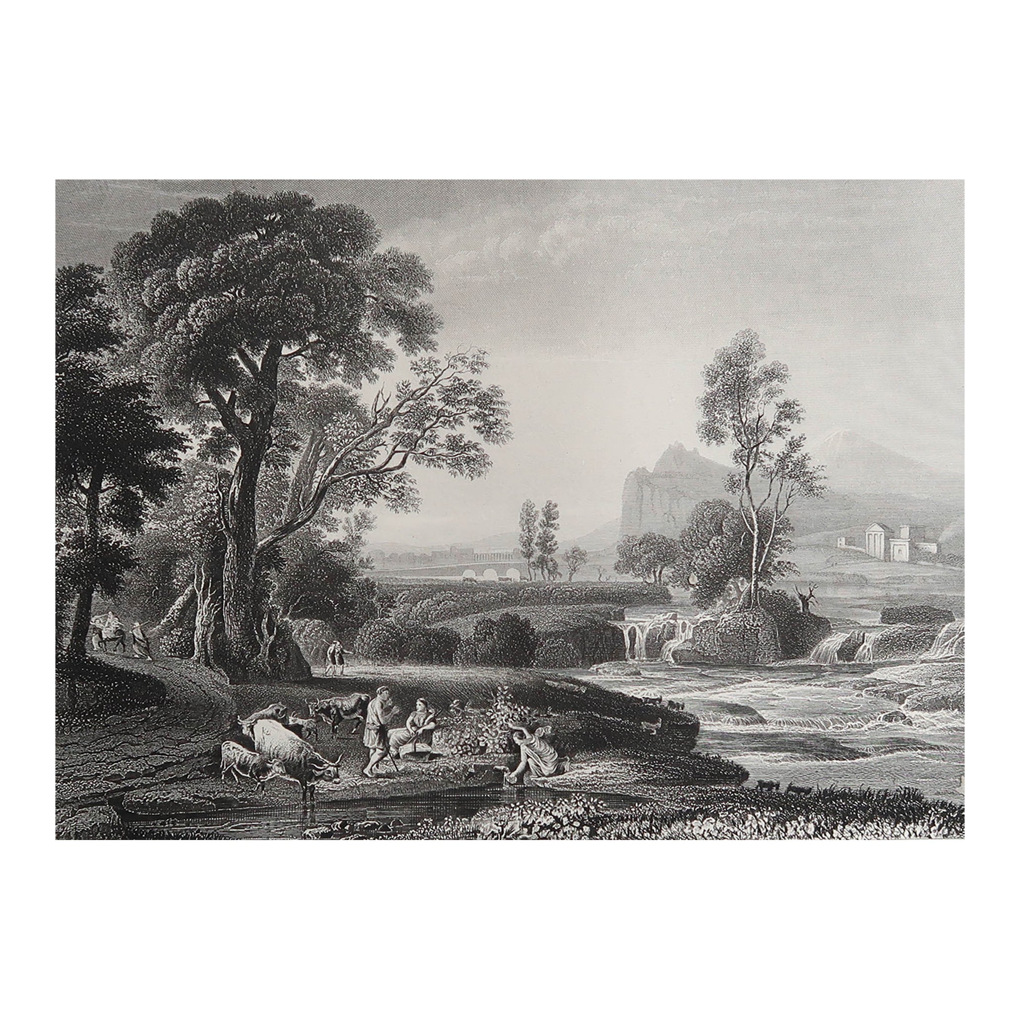 Stampa antica originale di La fuga in Egitto dopo Claude Lorrain. C.1850