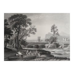 Stampa antica originale di La fuga in Egitto dopo Claude Lorrain. C.1850