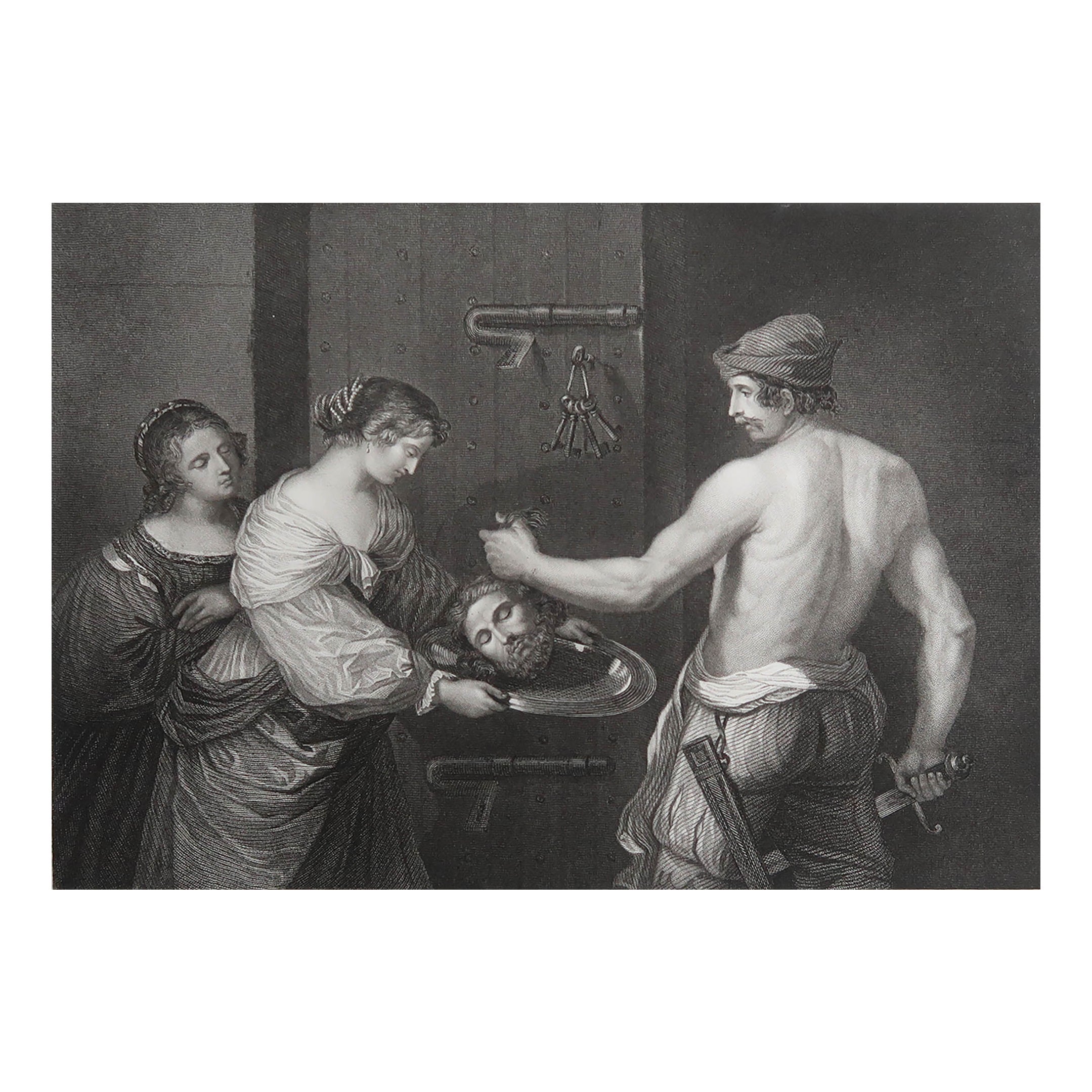 Grabado original antiguo de La cabeza de Juan el Bautista según Guercino. C.1850