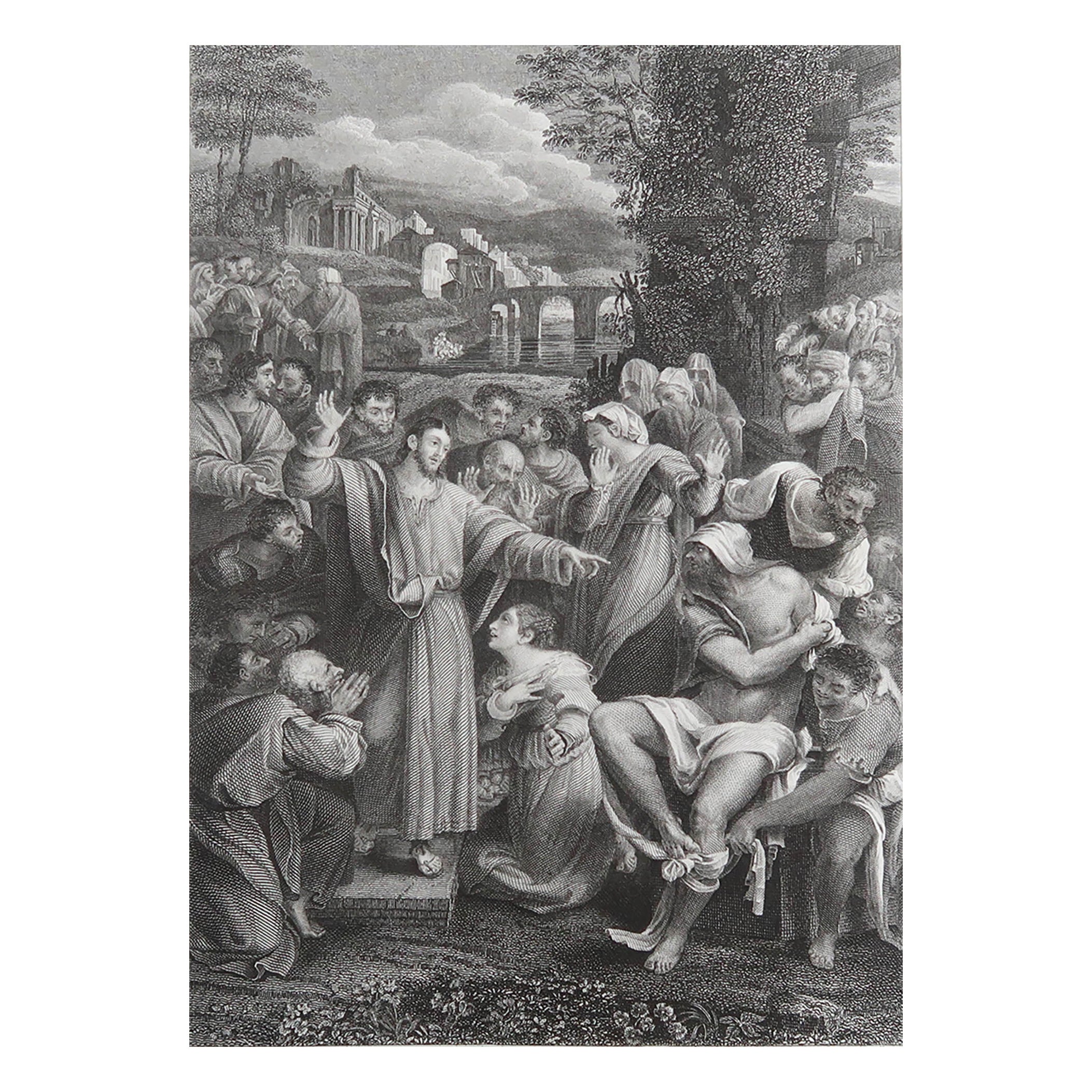 Grabado original antiguo de La resurrección de Lázaro según Del Piombo. C.1850