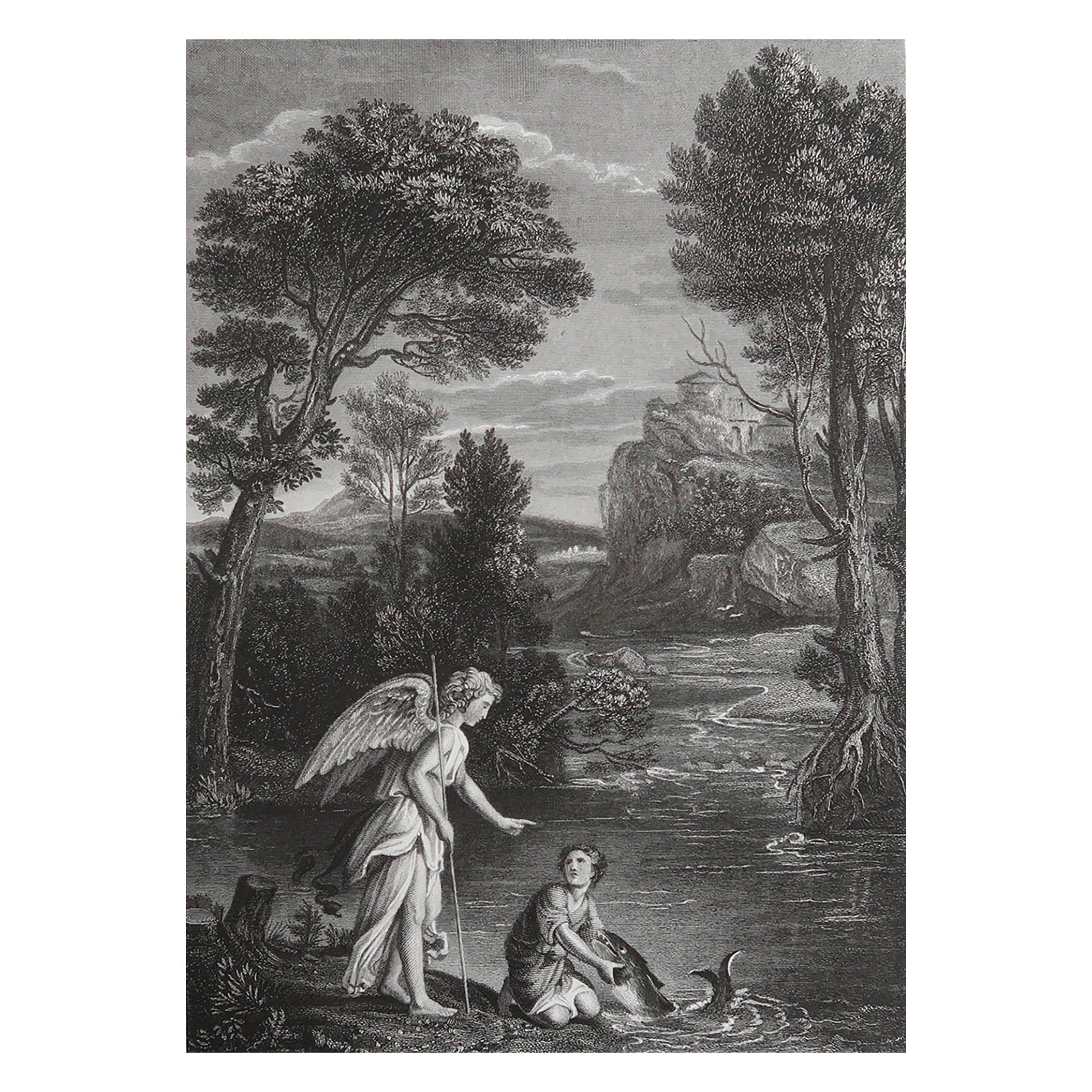 Original Antique Print of Tobit And The Angel After Domenichino. C.1850
