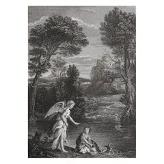 Grabado original antiguo de Tobit y el ángel según Domenichino. C.1850