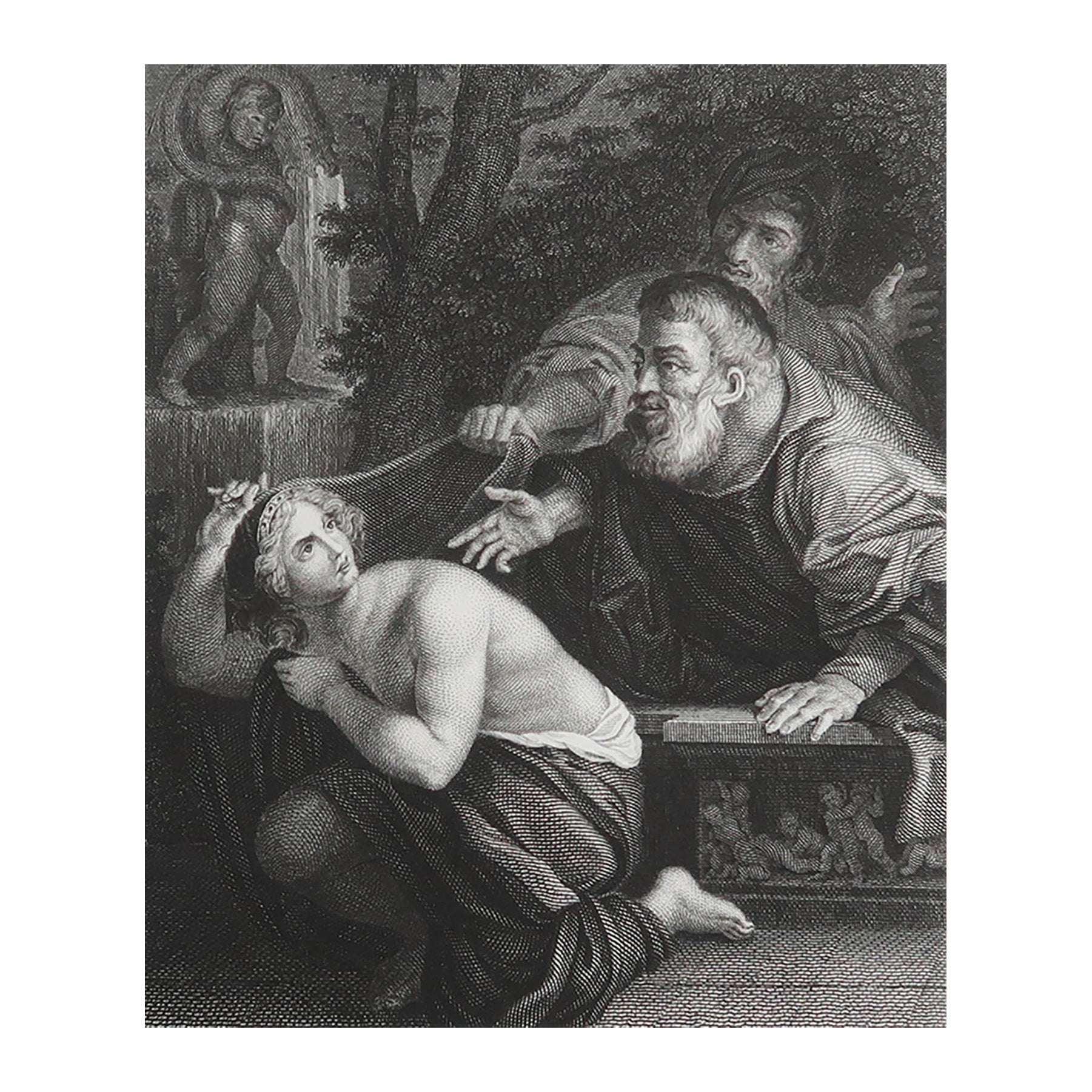 Stampa antica originale di Susanna e gli anziani dopo Ludovico Carracci. C.1850