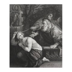 Grabado original antiguo de Susana y los ancianos según Ludovico Carracci. C.1850