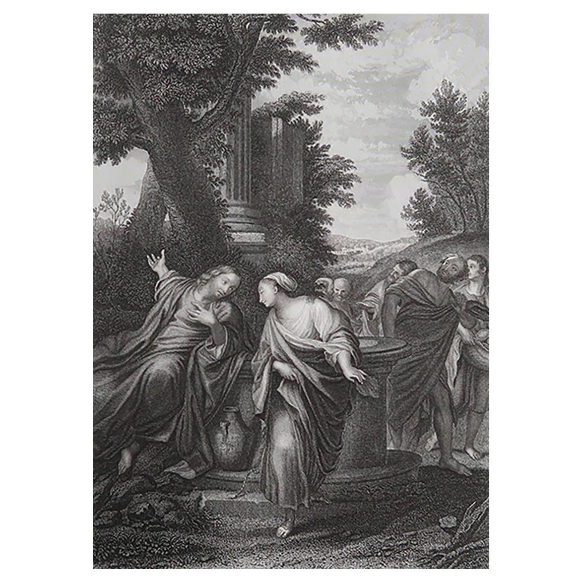 Stampa antica originale di Gesù e la Samaritana dopo Annibale Carracci.C. 1850