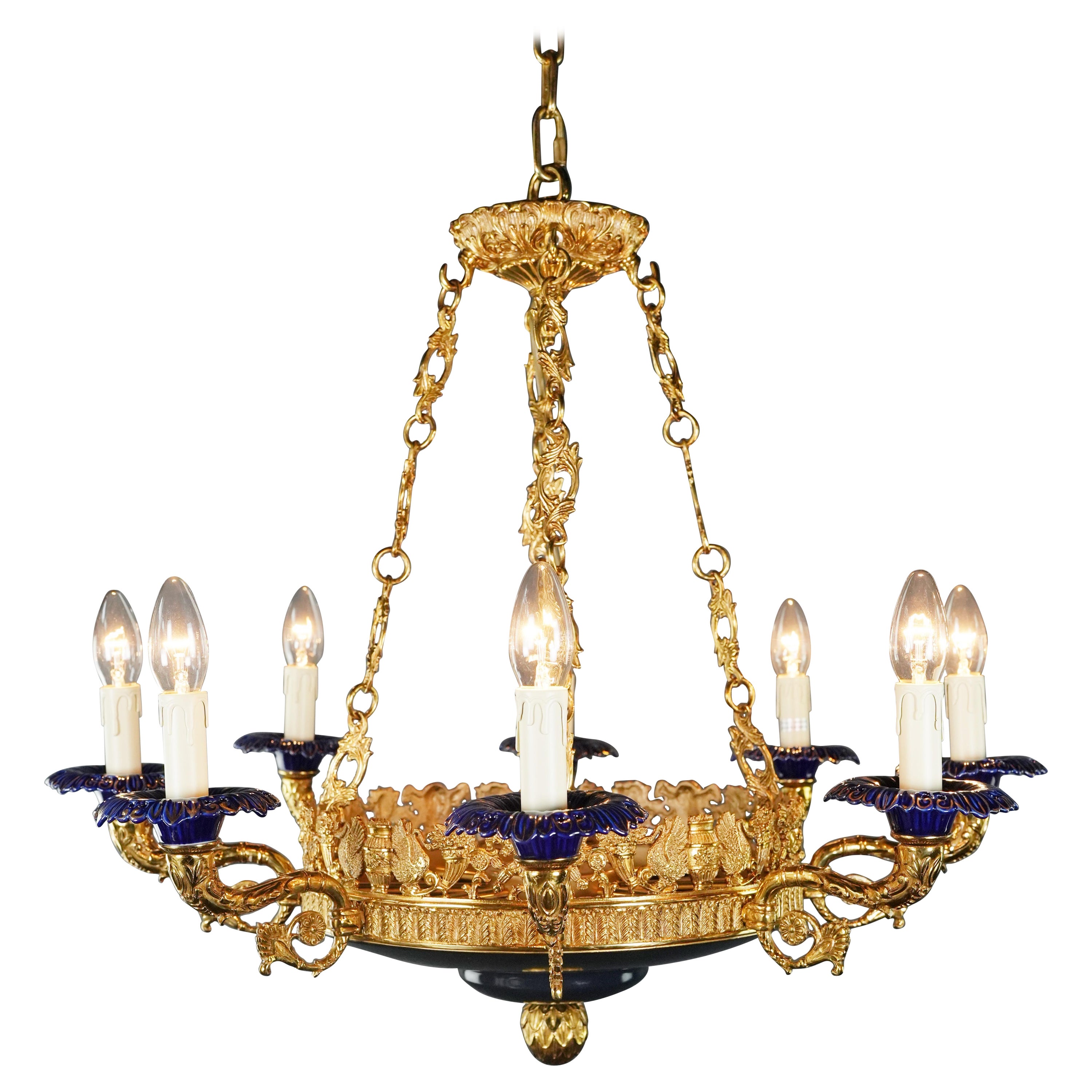 Large Peacock Bird French Brass Empire Chandelier Lustre Lamp Gold Art Deco For Sale