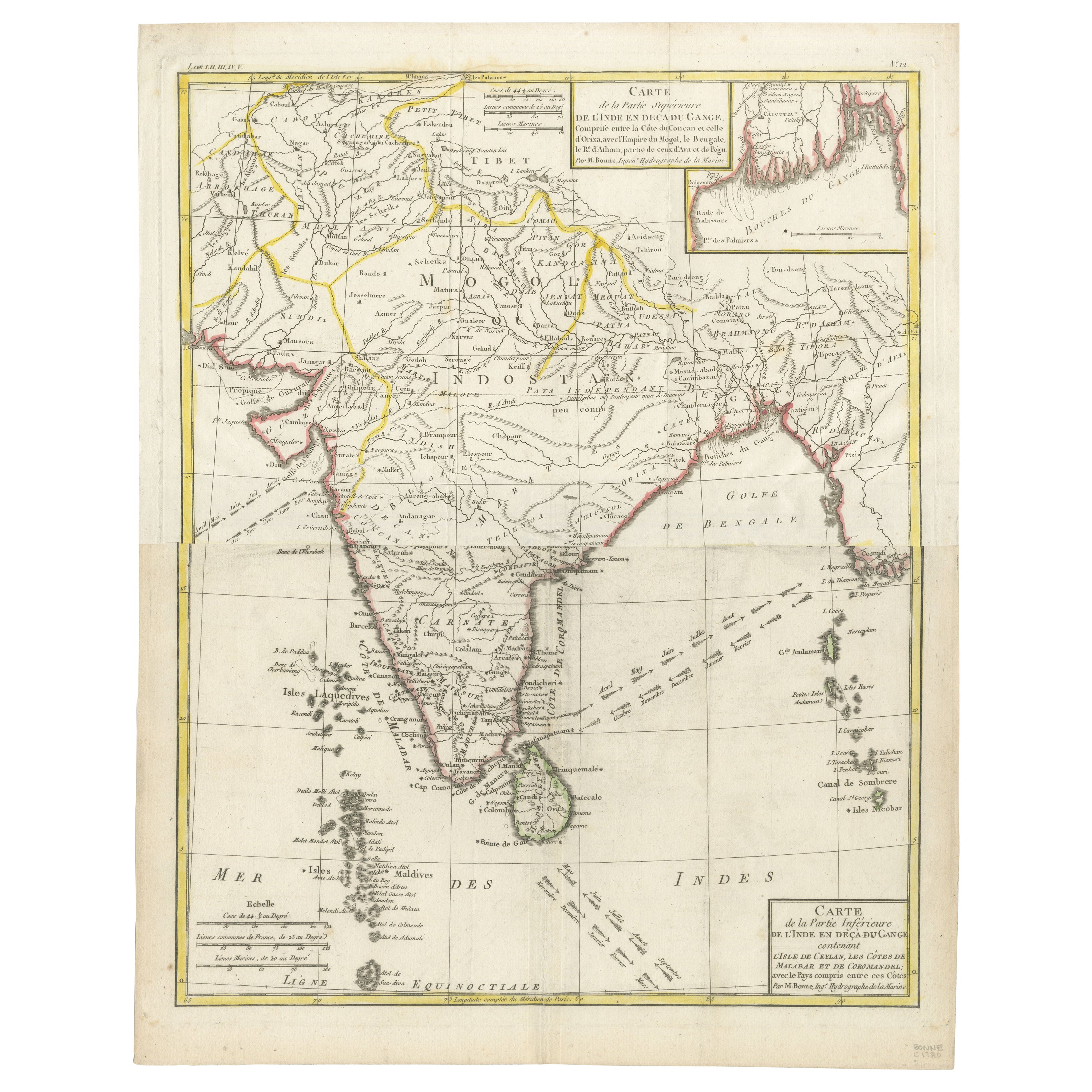 Carte de l'Inde et du Ceylan avec incrustation de Calcutta et des Ganges, par Bonne, 1780