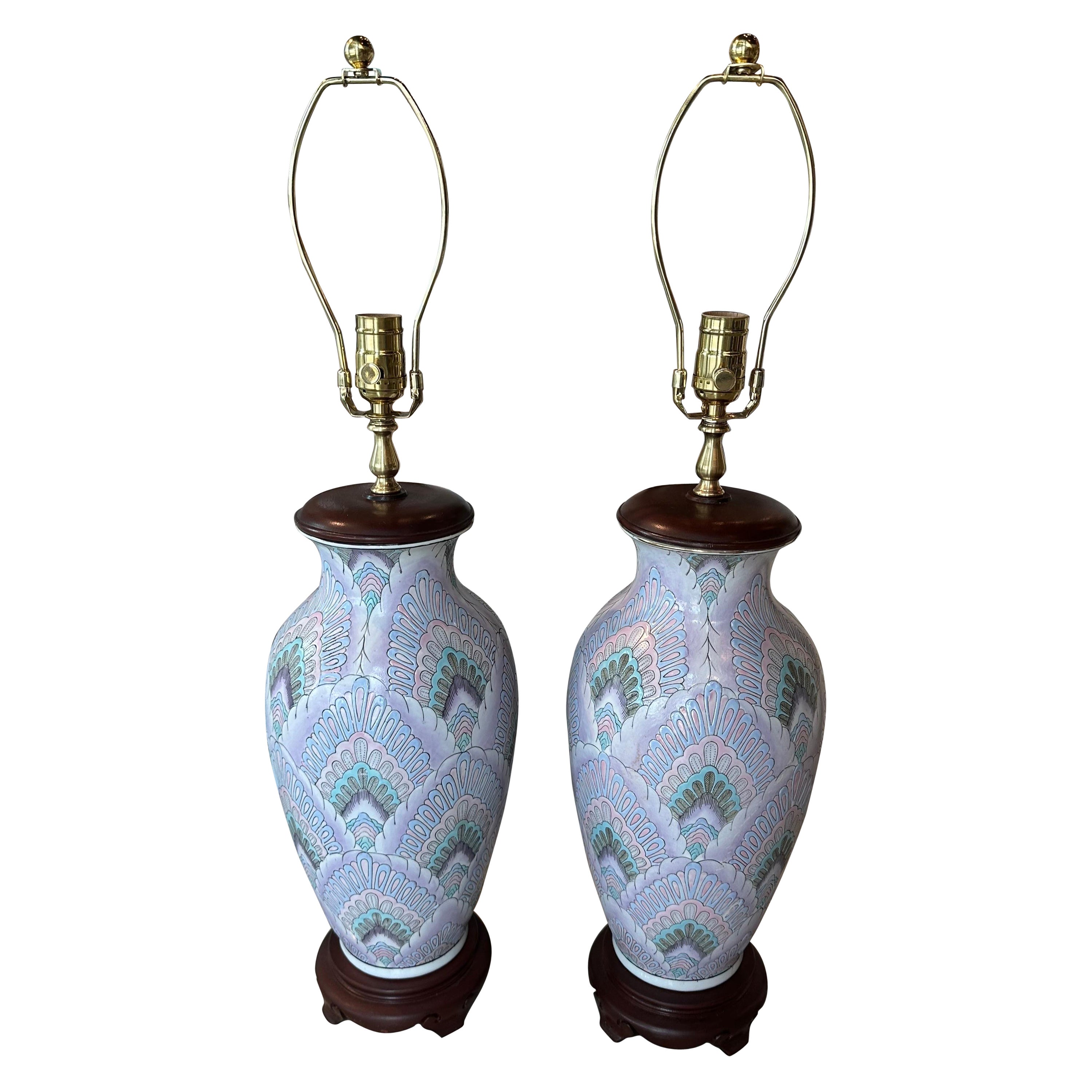 Vintage Palm Beach Pair of Chinoiserie Ceramic Table Lamps Pink Newly Wired