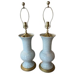 Vintage Pair of Crackle Glaze Ceramic Table Lamps Brass Palm Beach Newly Wired