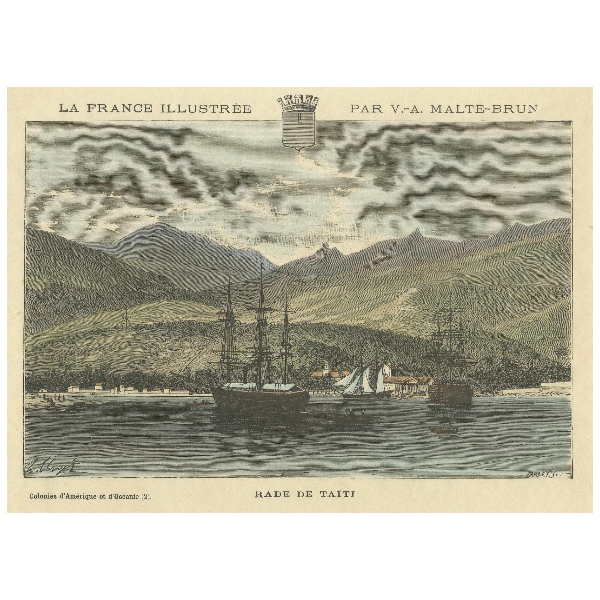 Rade de Taïti: 1883 Hand-Colored Engraving of Tahiti Harbor, La France Illustree