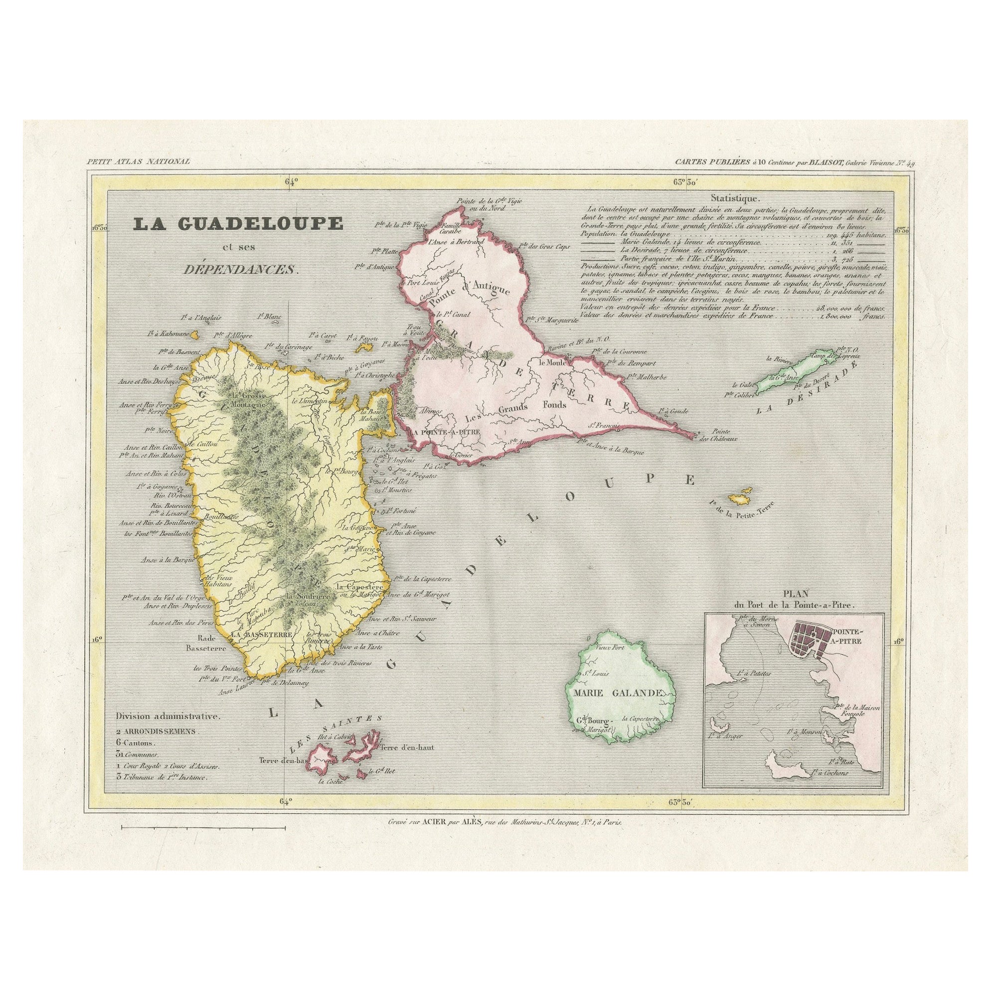 Guadeloupe et dépendances : Carte française du XIXe siècle et encart de Pointe-à-Pitre