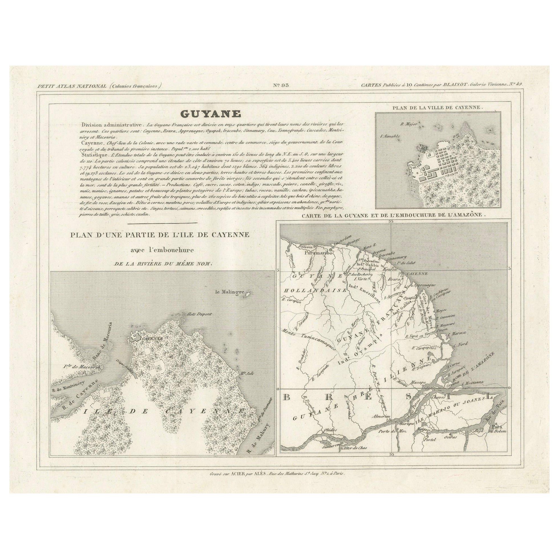 Map of French Guiana, Suriname and Cayenne: Plan from Petit Atlas National, 1820