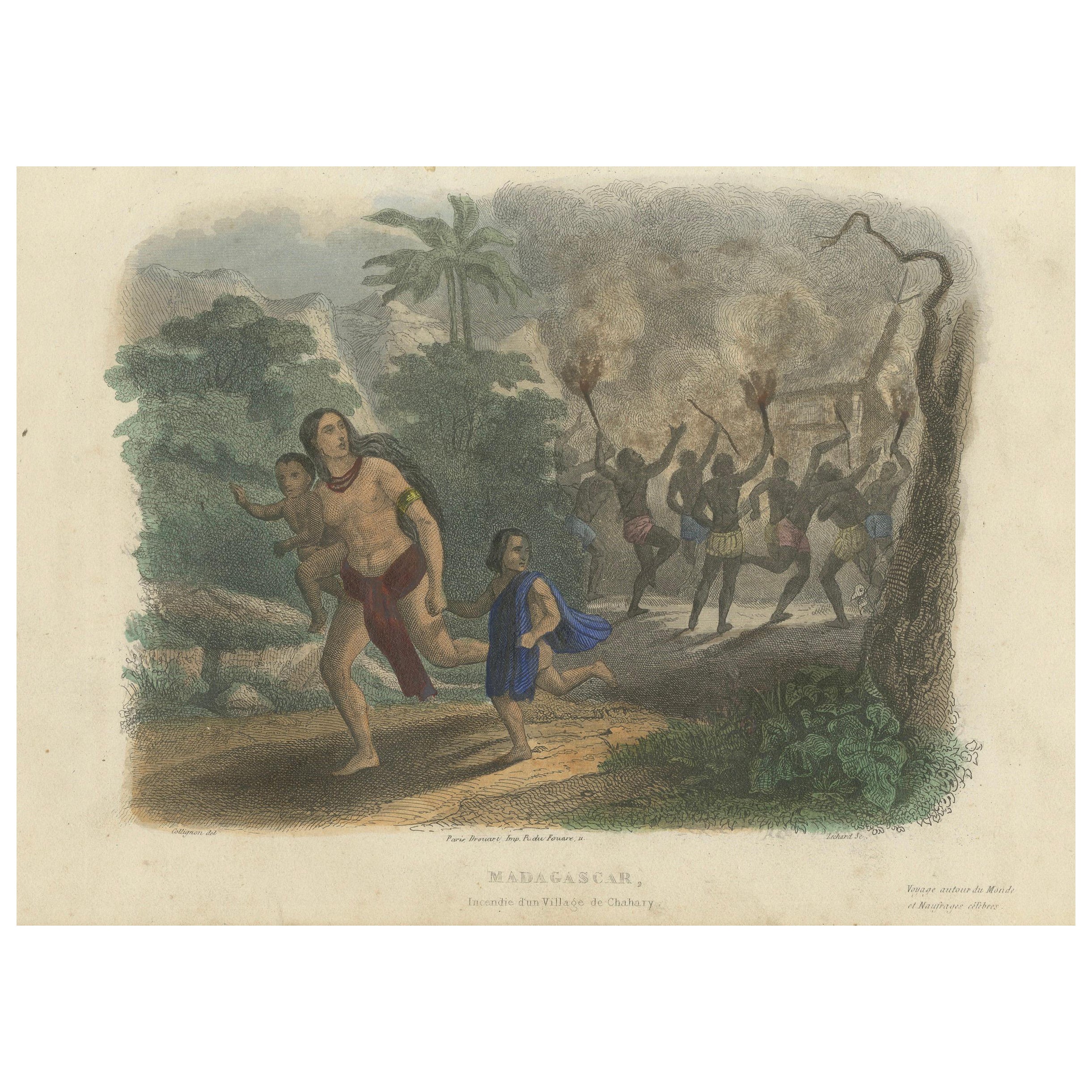 Burning of a Village in Chahary, Madagascar: Hand-Colored 19th Century Engraving For Sale