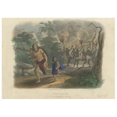 Burning of a Village in Chahary, Madagascar : gravure colorée à la main du 19e siècle
