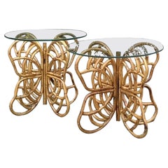 Vintage Coastal Bent Rattan Butterfly Side Tables - a Pair