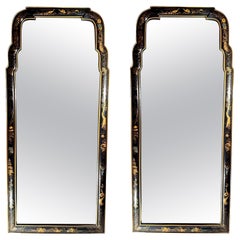 Pair of Queen Anne Style Parcel Gilt Black Japanned Mirrors.