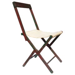 Old Painted Wood & Riveted Metal Campaign Style Folding Chair / Stool
