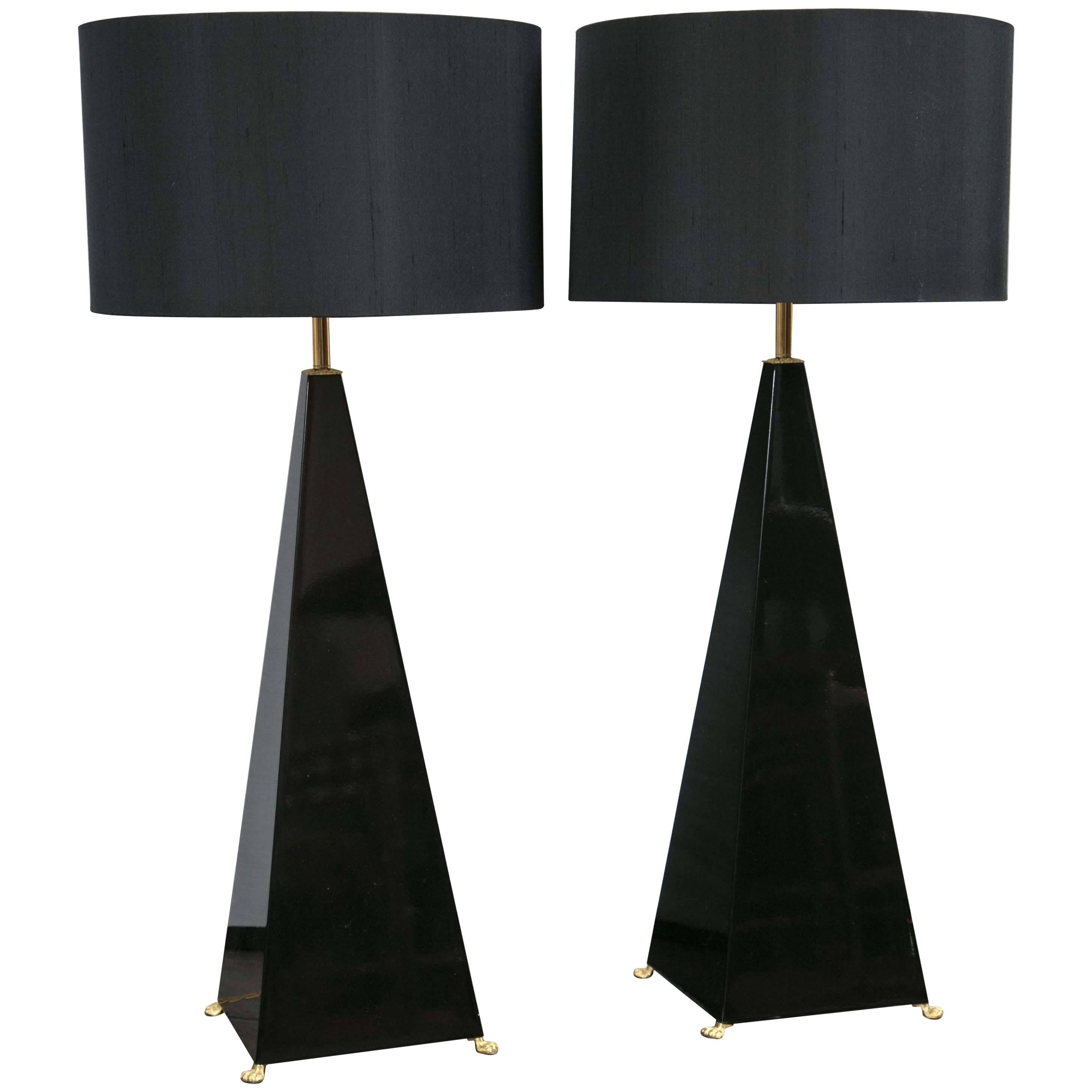Jansen Black Lacquer Pyramid Lamps