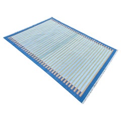 Handmade Cotton Area Flat Weave Rug, 10x14 Blue And Green Zig Zag Stripe Dhurrie