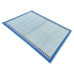 Tappeto a tessitura piatta in cotone fatto a mano, 6x9 Blue and Green Zig Zag Stripe Dhurrie