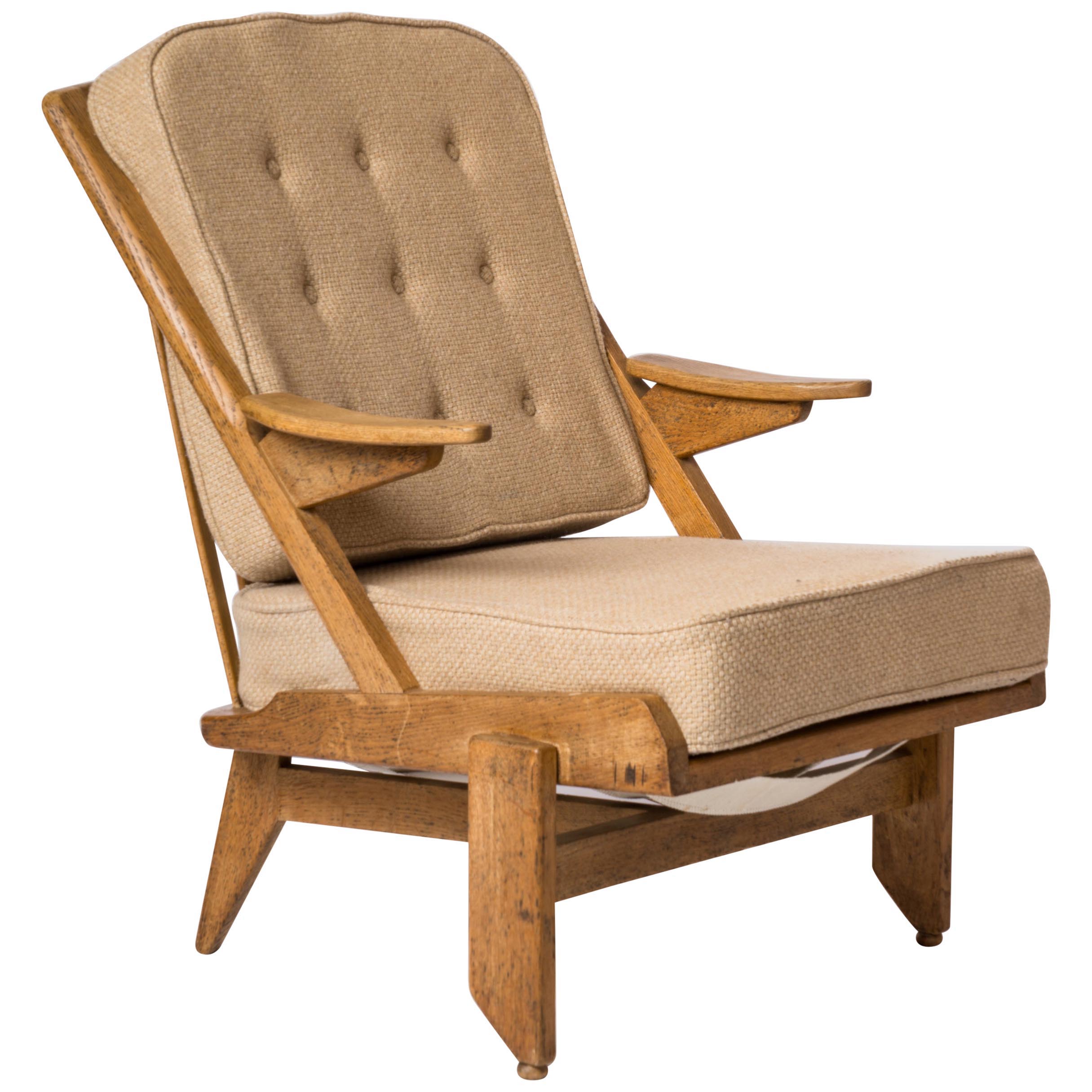 Solid Oak Armchair by Guillerme & Chambron - France 1970's For Sale