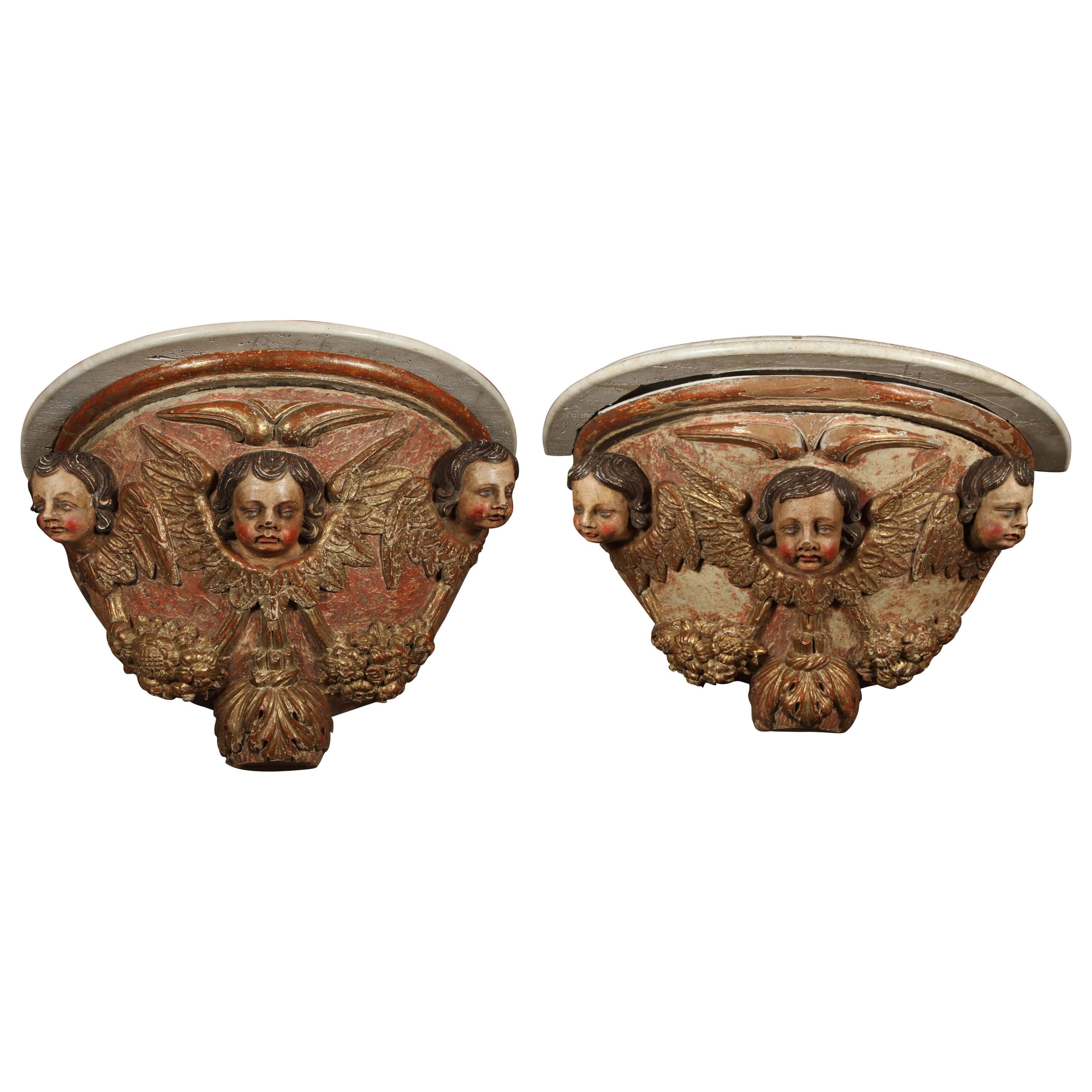 Pair of Carved Demilune Wall Consoles For Sale