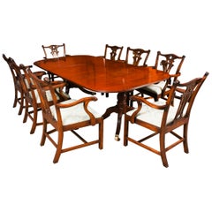 Antique Twin Pillar Regency Period Dining Table 19th C & 8 Chippendale chairs