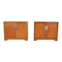 Michael Taylor for Baker Furniture Chinoiserie Burled Walnut Bar Cabinets, Pair